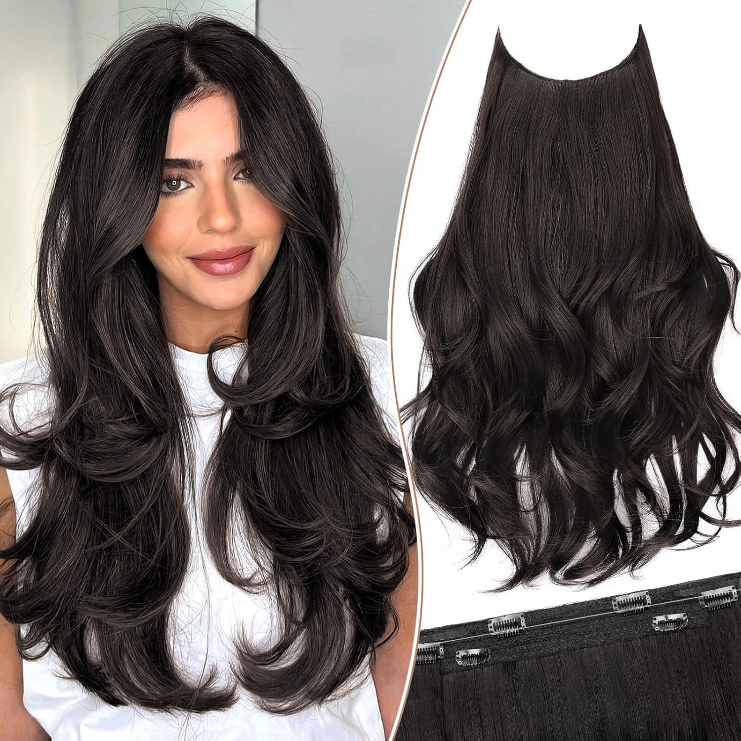 KooKaStyle Invisible Wire Hair Extensions front view showing long wavy dark brown layers.