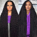 BJVT 13x6 Deep Wave Lace Front Human Hair Wig front view showing 30 inch long deep curly black hair textures.
