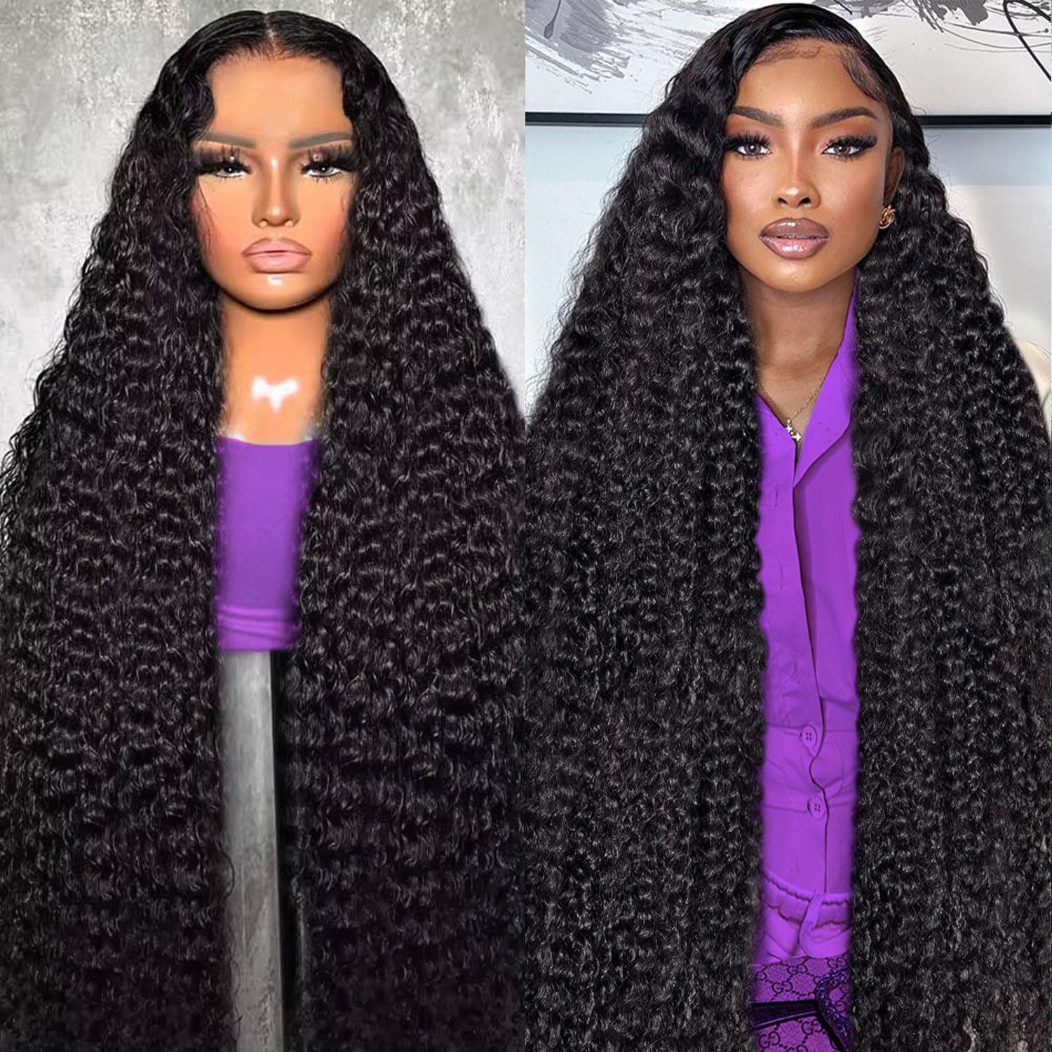 BJVT 13x6 Deep Wave Lace Front Human Hair Wig front view showing 30 inch long deep curly black hair textures.