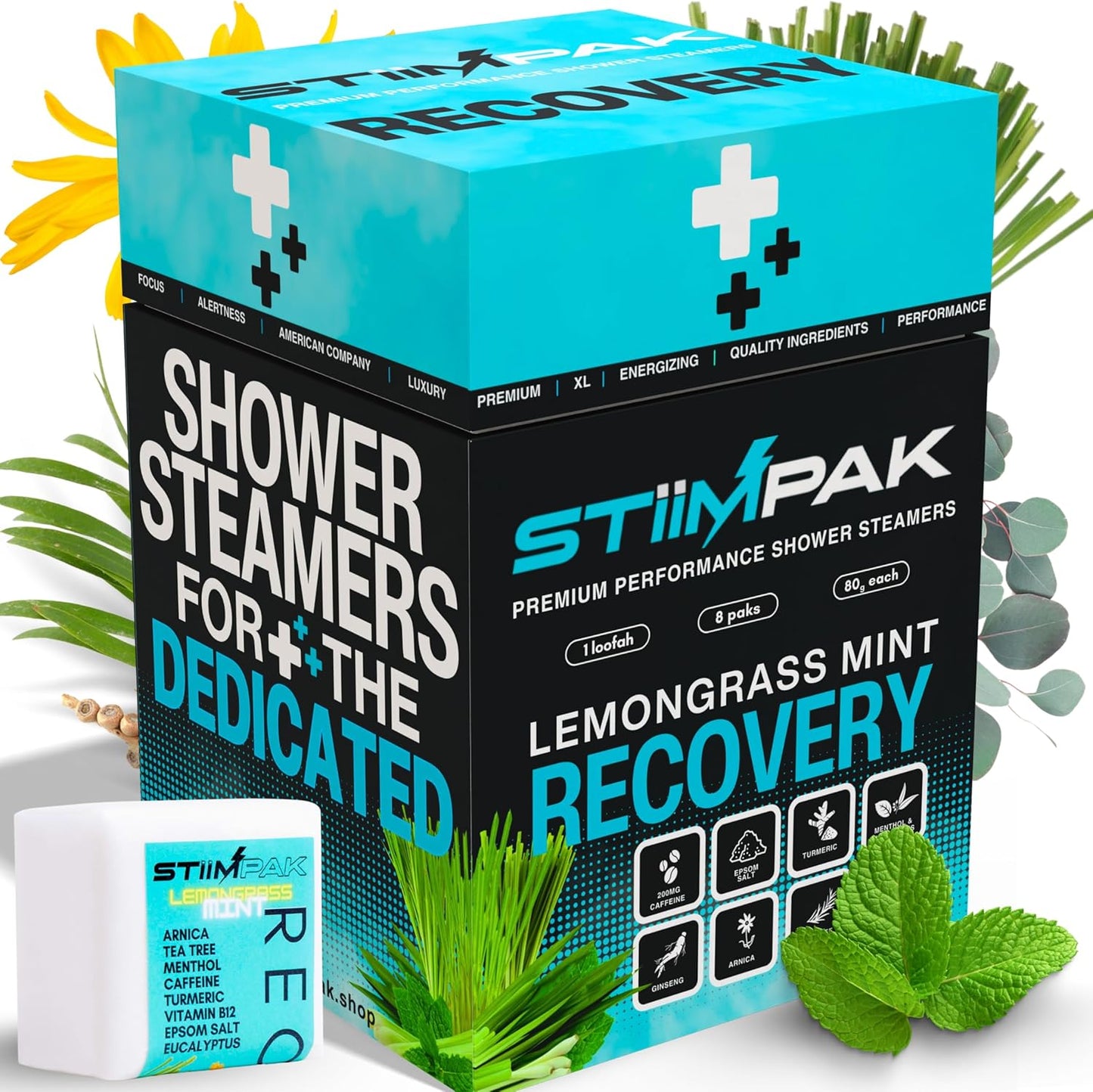 Stiimpak Recovery XXL Shower Steamers 8 pack front view box packaging for aromatherapy congestion relief