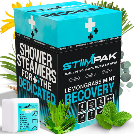 Stiimpak Recovery XXL Shower Steamers 8 pack front view box packaging for aromatherapy congestion relief