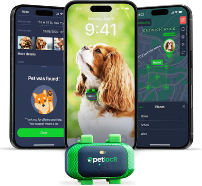Petloc8 dog GPS tracker front view with green and black design
