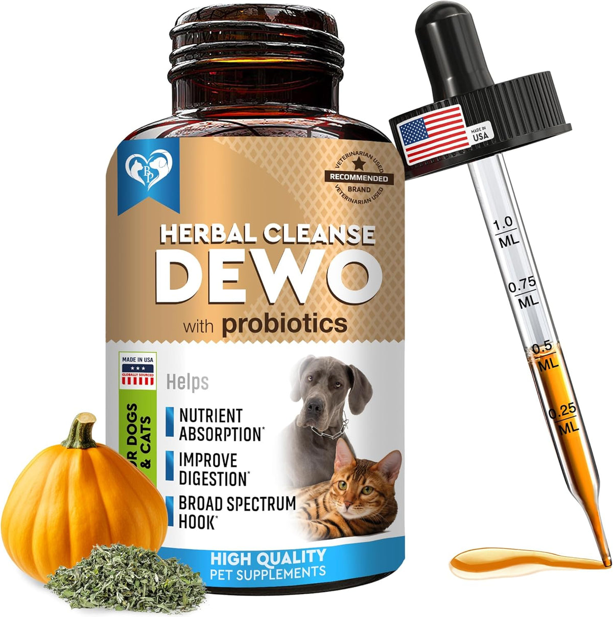 Side view of Beloved Pets intestinal supplement showing black walnut and probiotic ingredients list for pets.