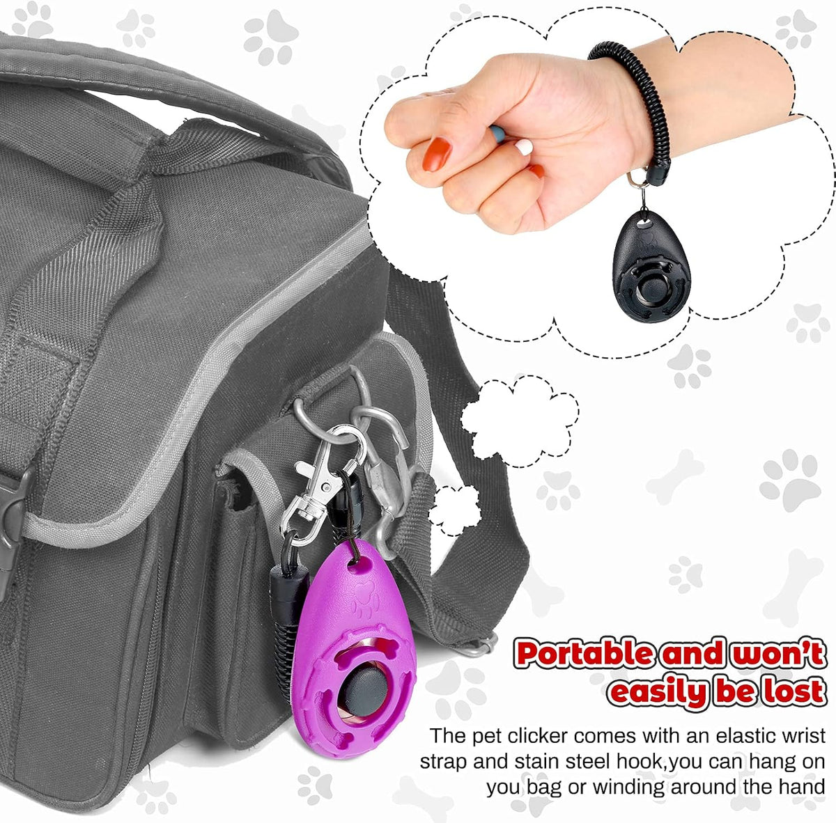 Frienda pet clicker with keychain ring attached to a bag for easy access.