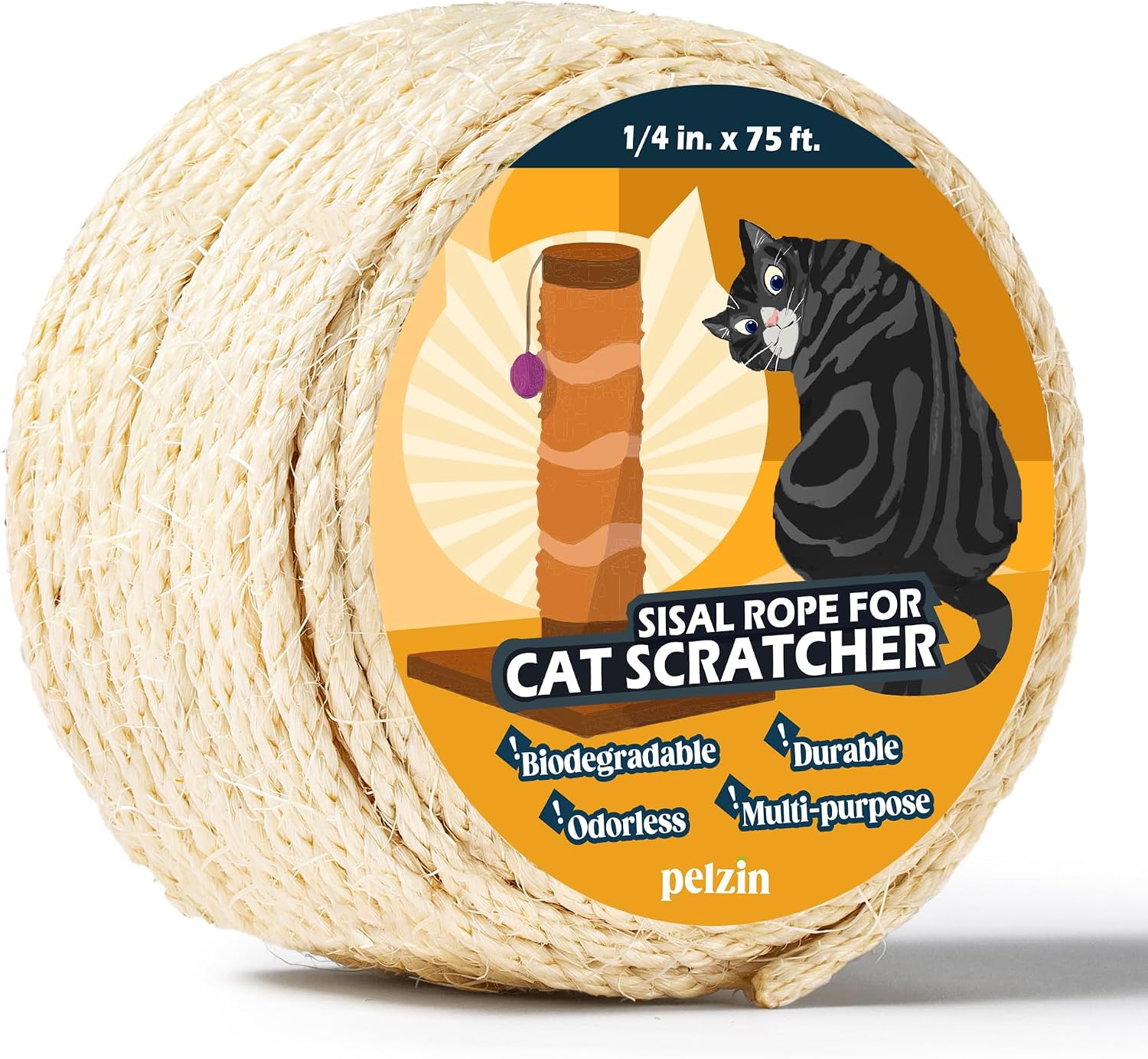 Pelzin Natural Sisal Rope for Cat Scratcher - 1/4 Inch by 50 Feet, Cat Tree Rope Twine for Scratching Post Replacement, Repairing, Recovering and DIY, White - Image 13
