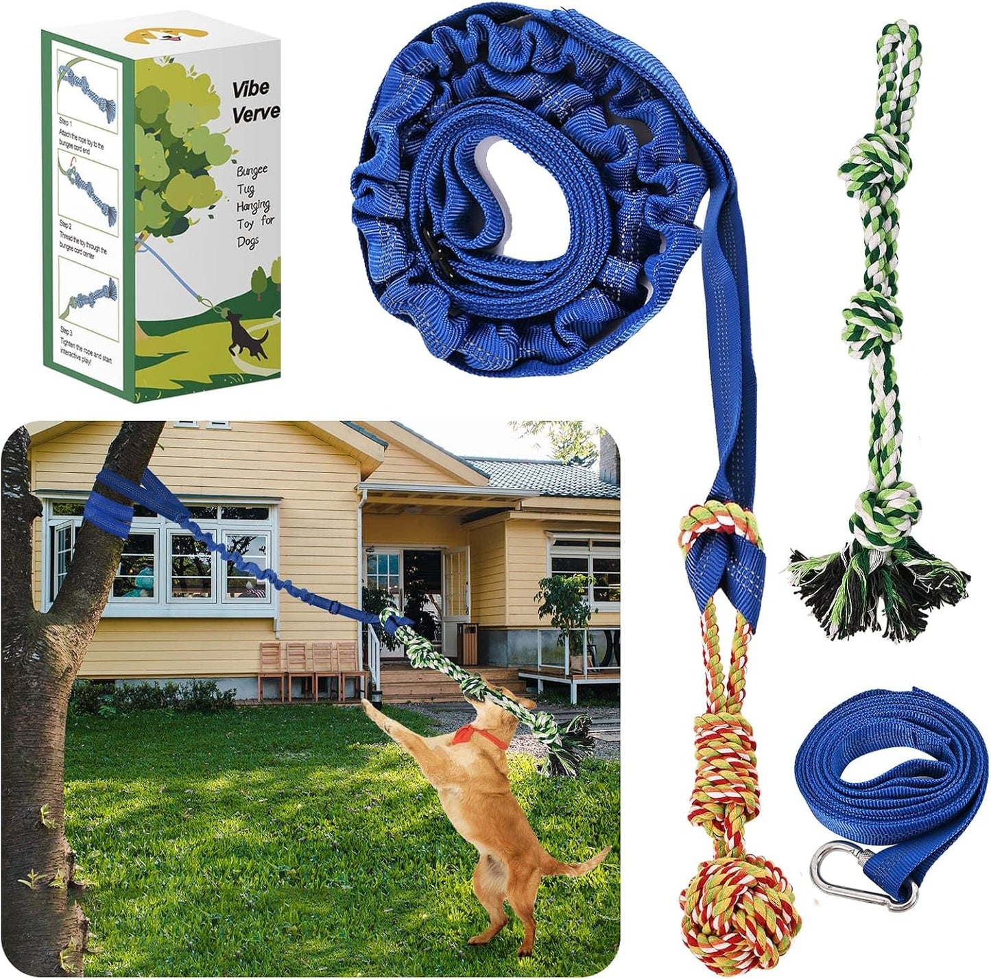 Packaging layout of the VibeVerve Interactive Dog Bungee Toy Set highlighting its portable travel friendly design.