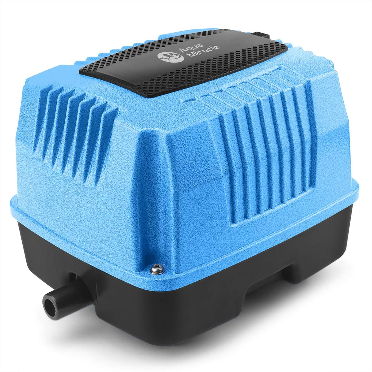 AquaMiracle linear air pump front view showing blue housing and black panel