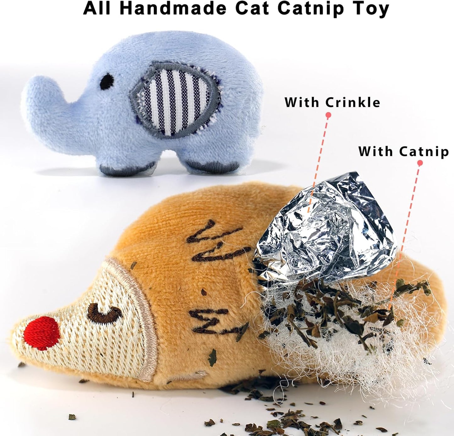 Plush mouse cat teething chew toy with durable cotton mesh close up.