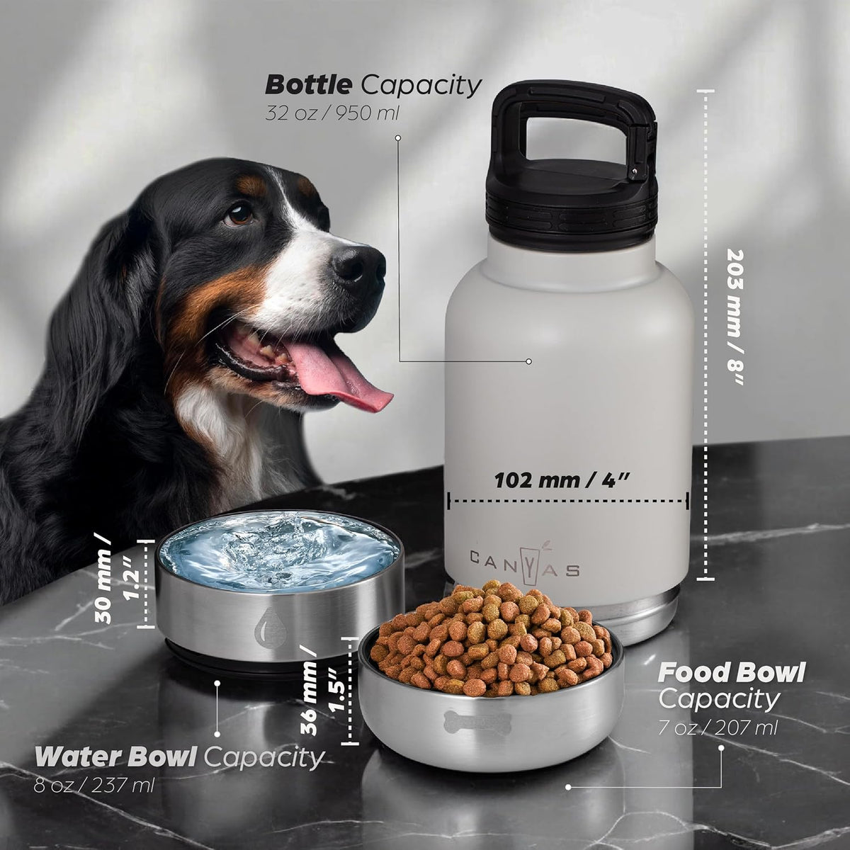 Premium double walled pet travel kit showing detached feeding bowls