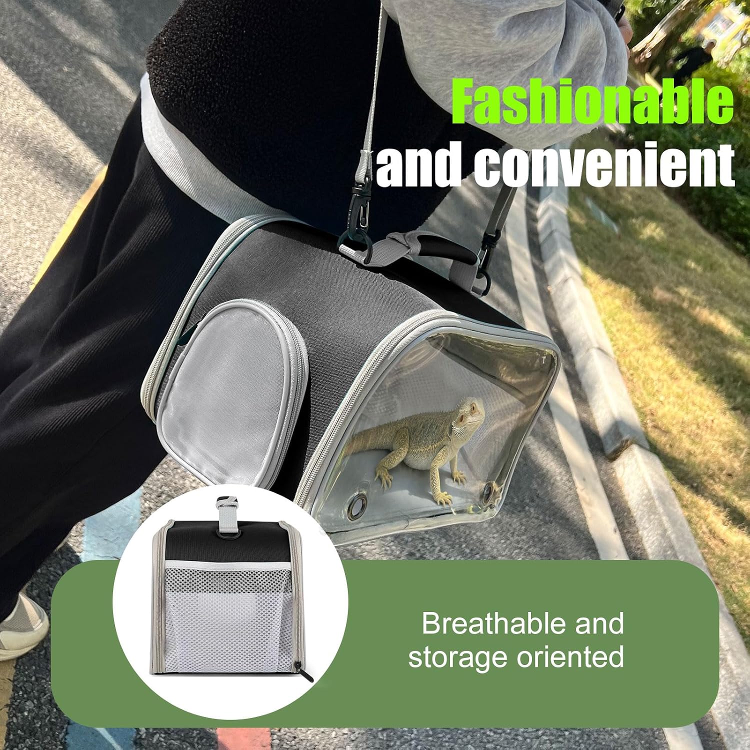 WEVONIGU Scratch-Resistant Bearded Dragon Backpack Foldable Gecko Carrier Ventilation Travel Bag with Clear View Window Dual Carry Cage Options for Travel Hiking & Vet Visits - Image 5