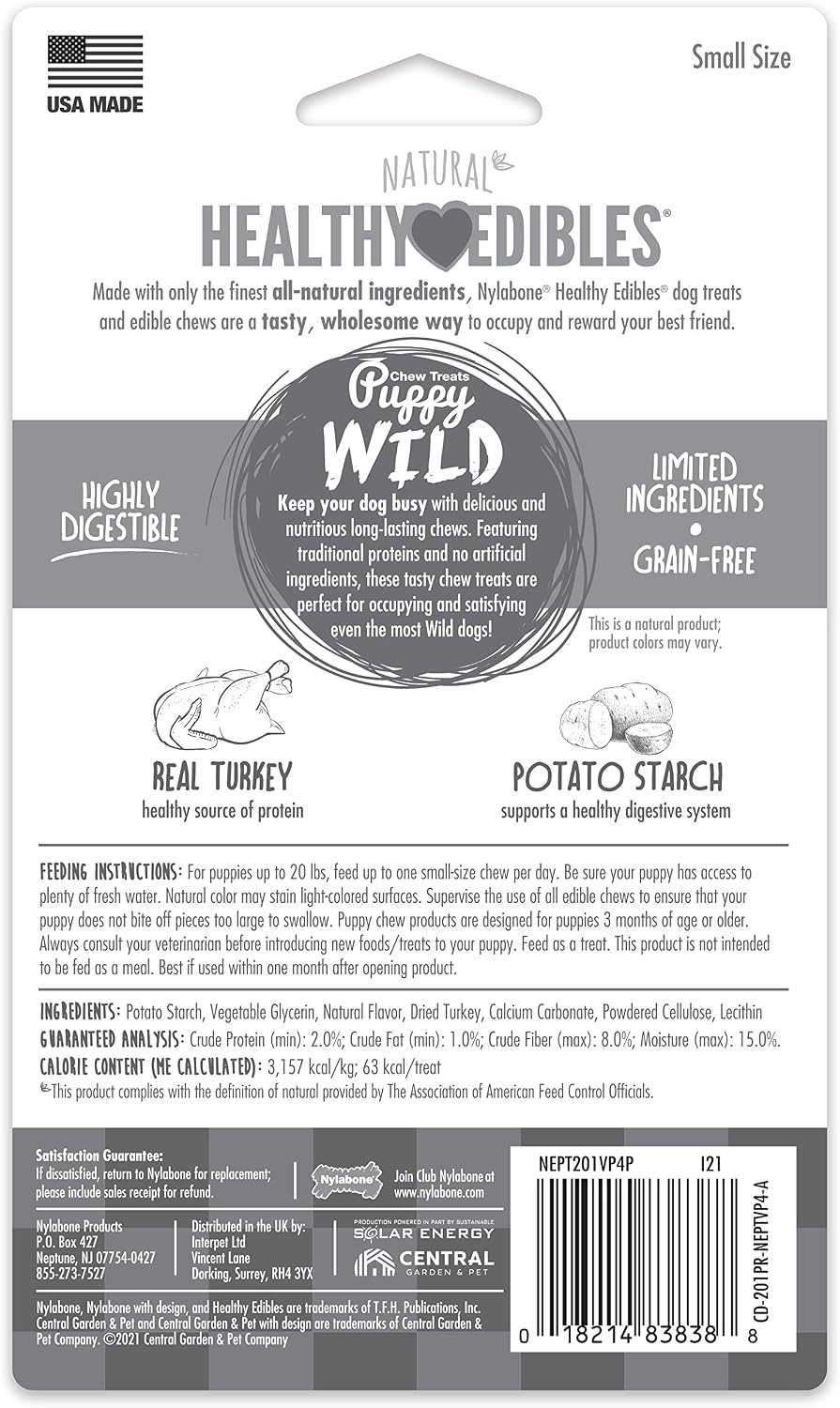 Healthy edible pet chews for puppies three months and older.