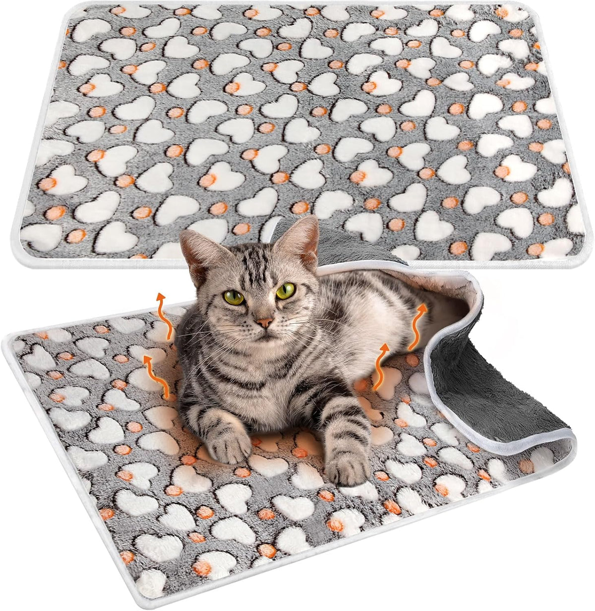 Clysee self heating cat pad front view with plush heart pattern on gray fabric