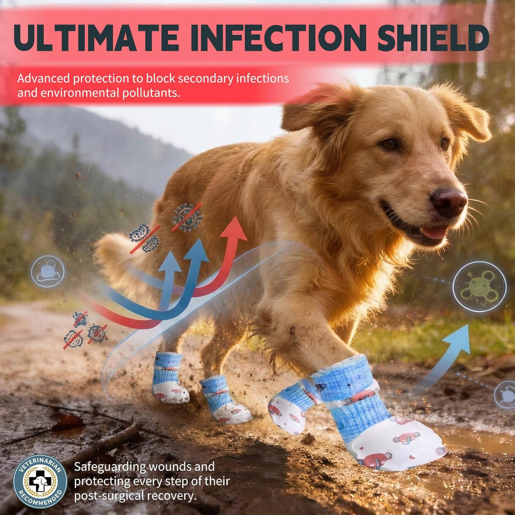 Dog wearing pink pattern disposable paw booties