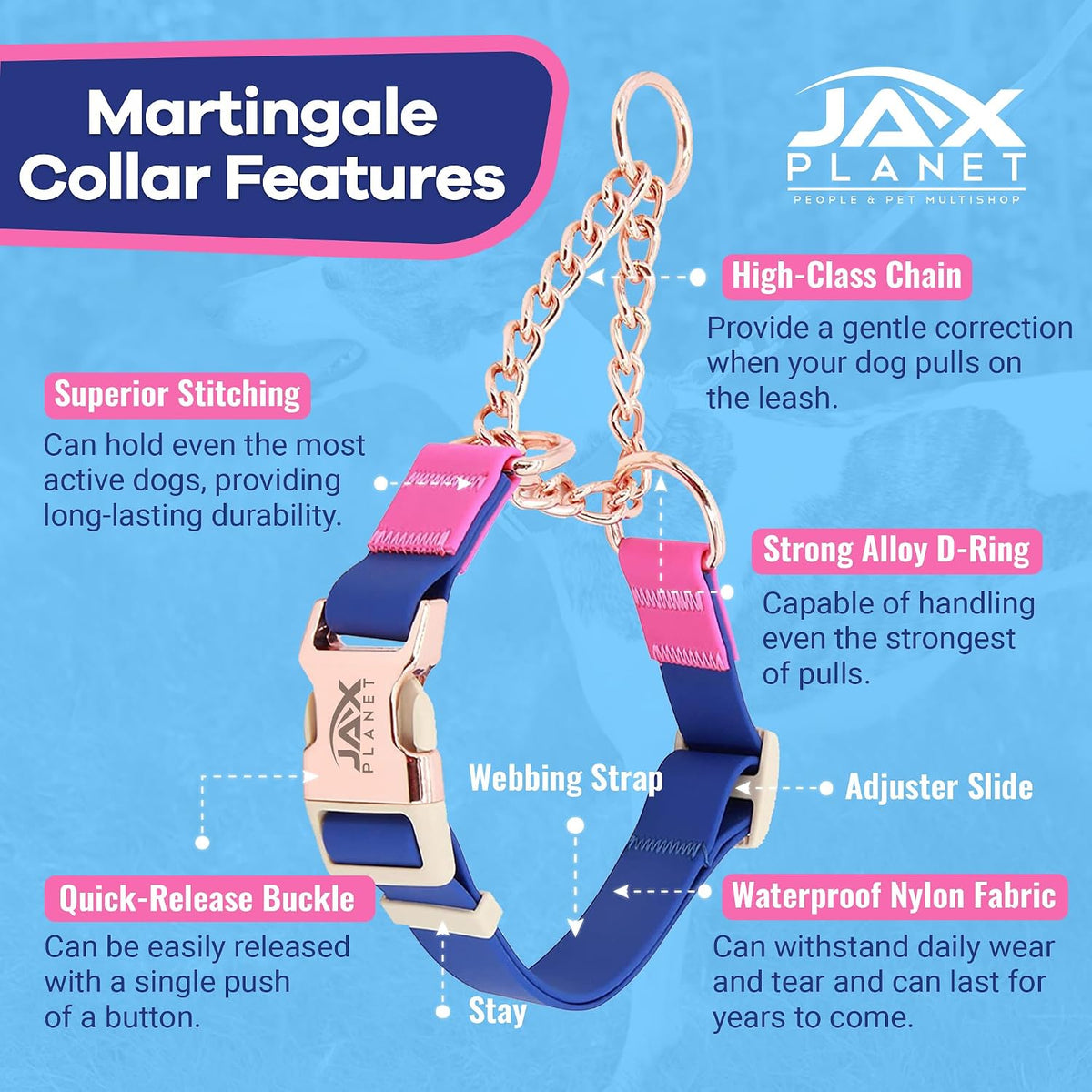 Waterproof no pull martingale collar for large dogs displaying the durable rose gold alloy training chain loop