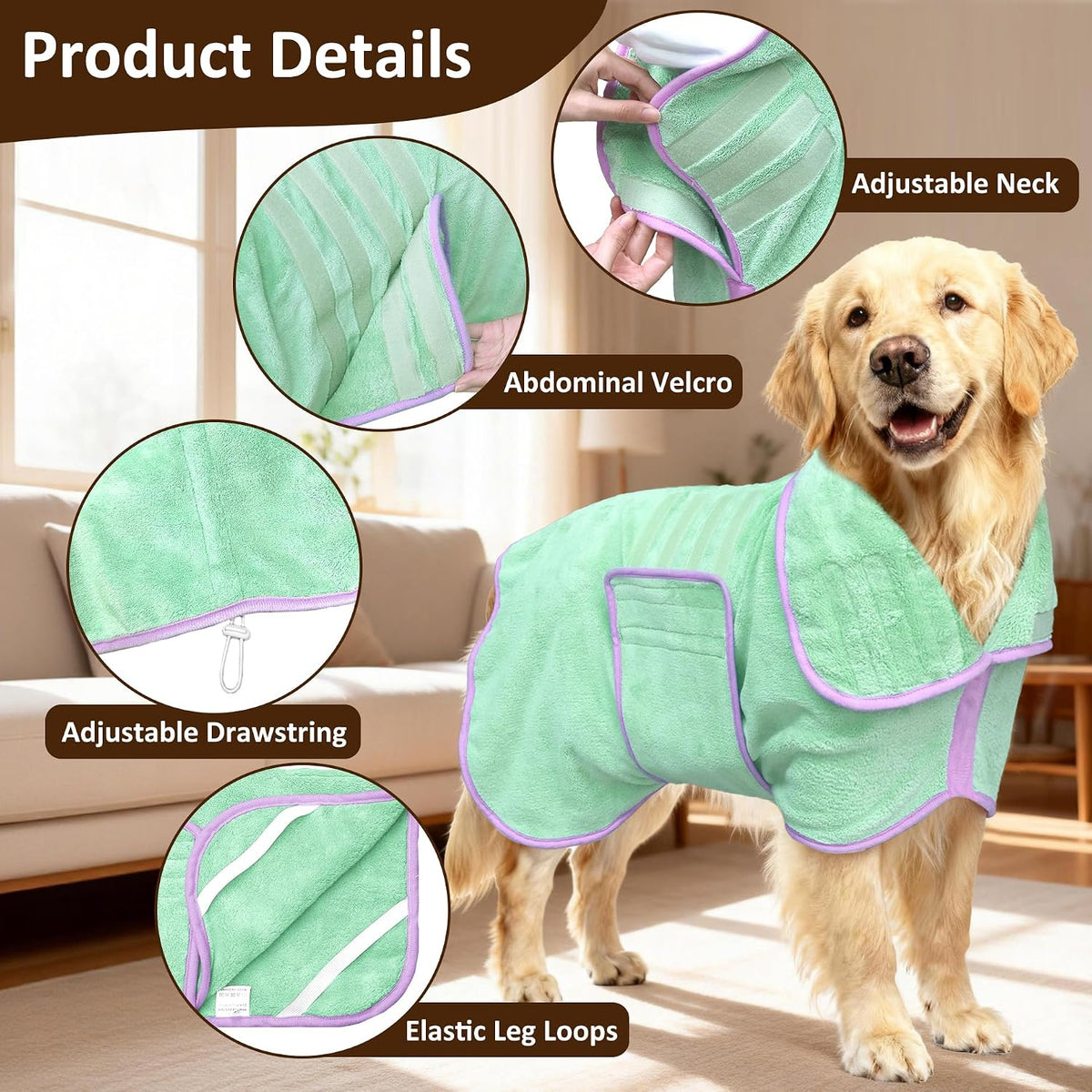 Side profile of an adjustable pet robe showcasing the high collar design for maximum neck coverage