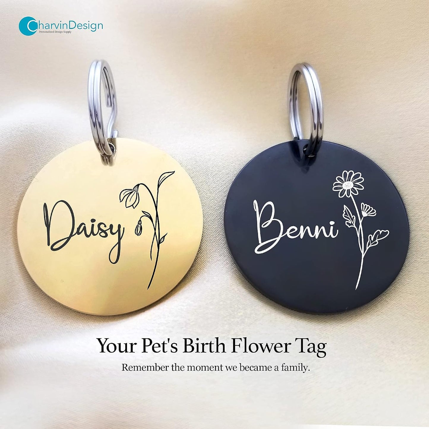 Twenty&Sixty custom round dog tag in polished black stainless steel showcasing detailed floral etchings
