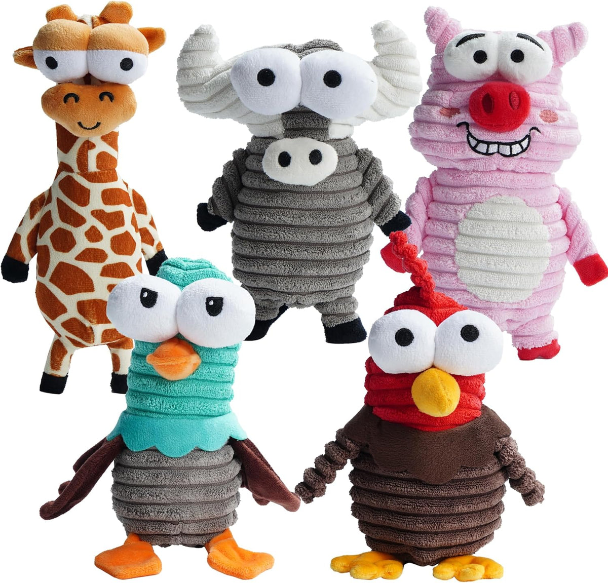 Nocciola 5-Pack Squeaky Dog Toys front view showcasing five colorful plush animals.