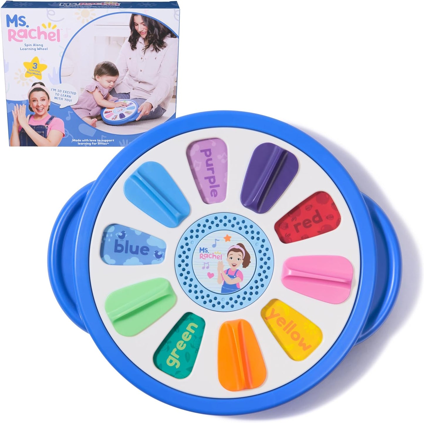 Ms. Rachel Official Spin Along Learning Wheel front view showing colorful interactive panels