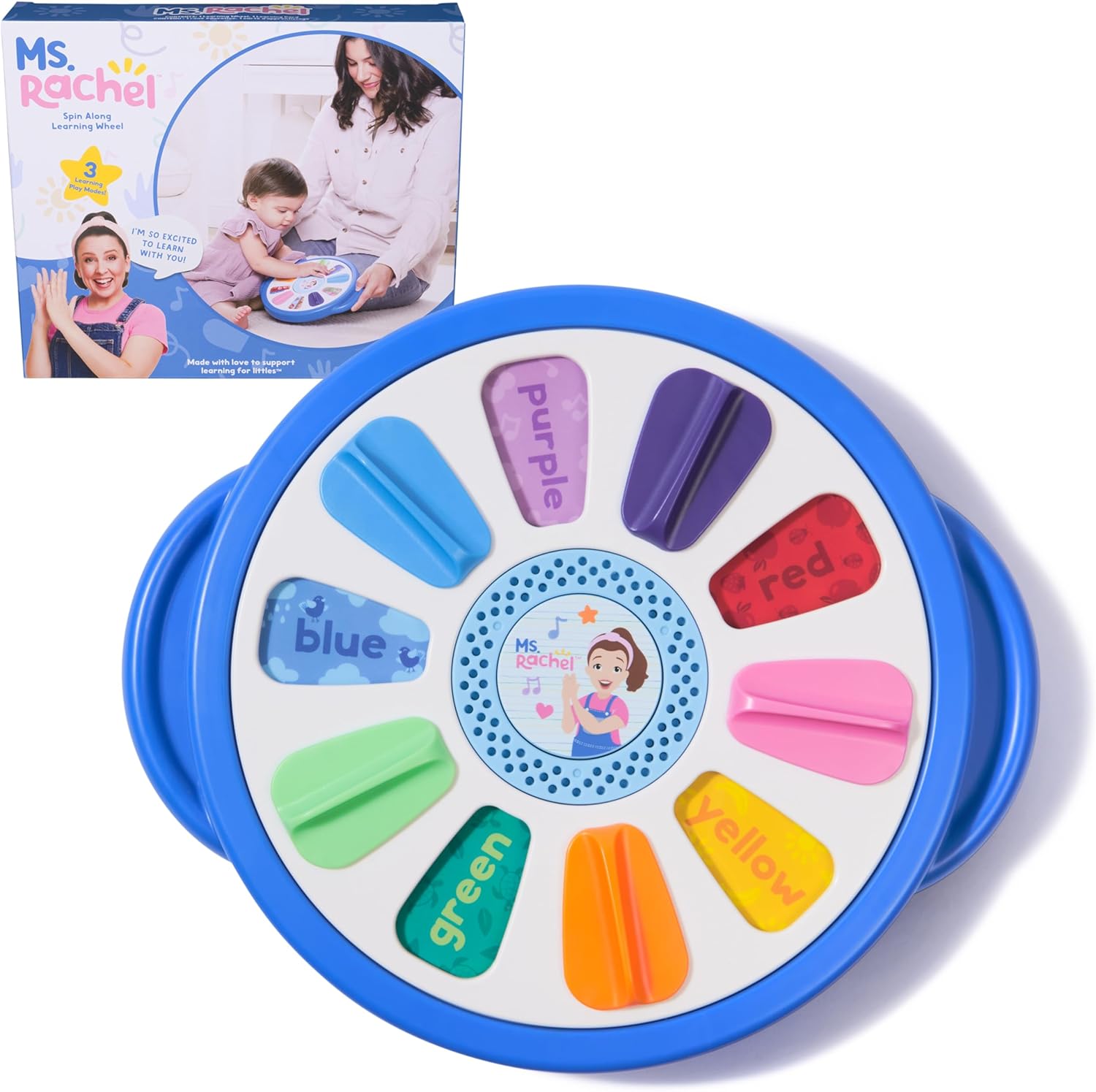 Ms. Rachel Official Spin Along Learning Wheel front view showing colorful interactive panels