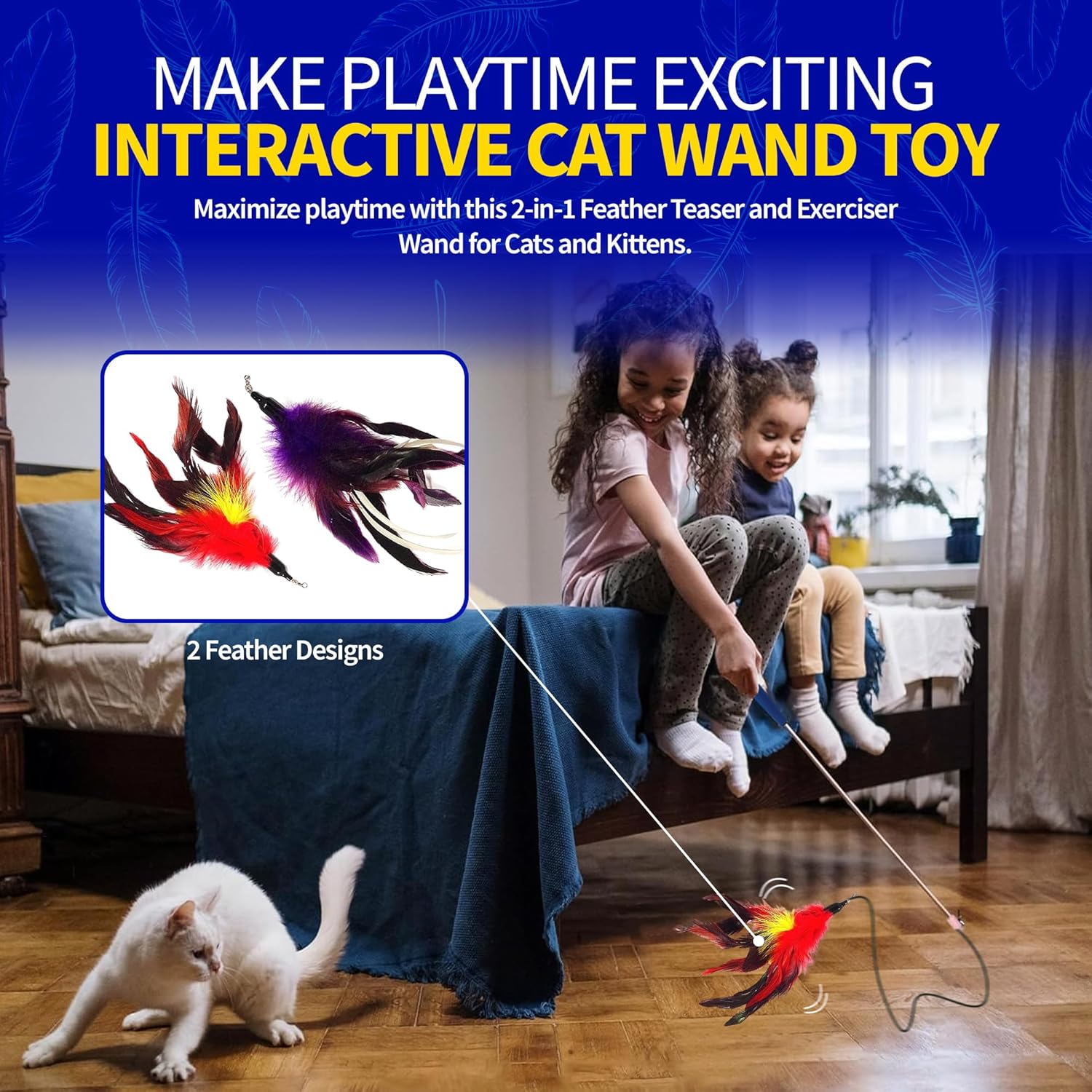 Interactive cat teaser wand with two flexible polycarbonate poles fully assembled.
