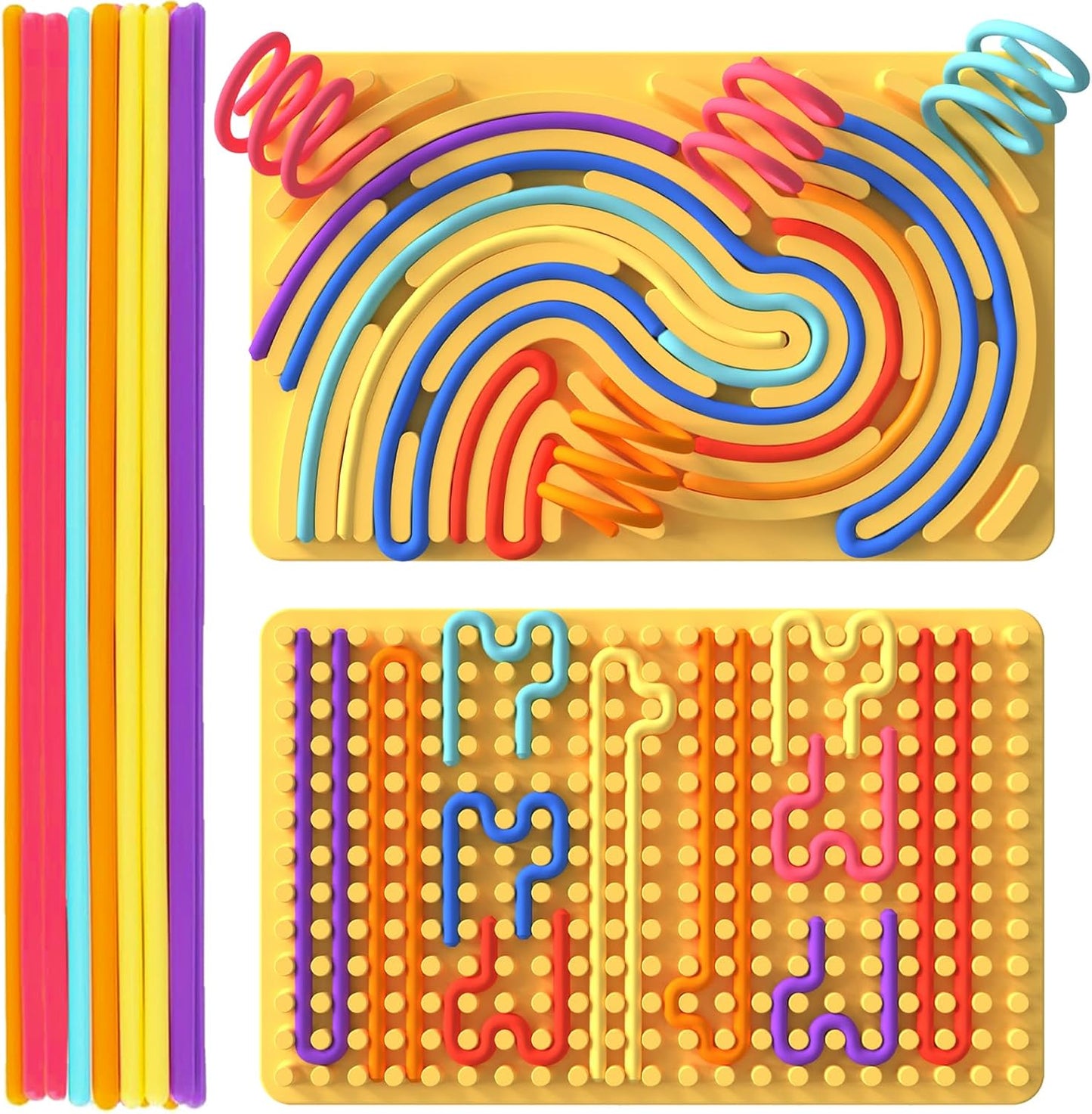 Xesakesi sensory activity board front view showing double sided silicone design with colorful strings