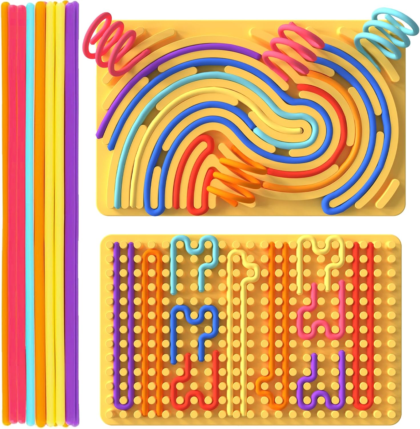 Xesakesi sensory activity board front view showing double sided silicone design with colorful strings