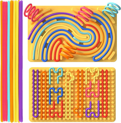 Xesakesi sensory activity board front view showing double sided silicone design with colorful strings