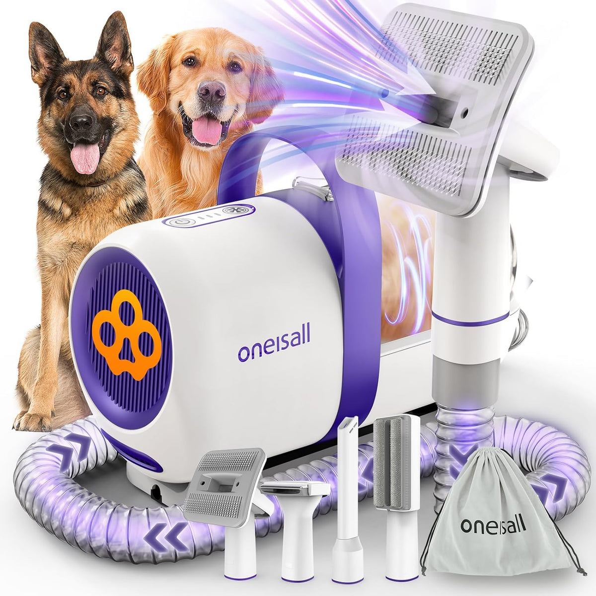 Oneisall dog grooming vacuum kit LM5 front view showing purple and white main unit with attached hose