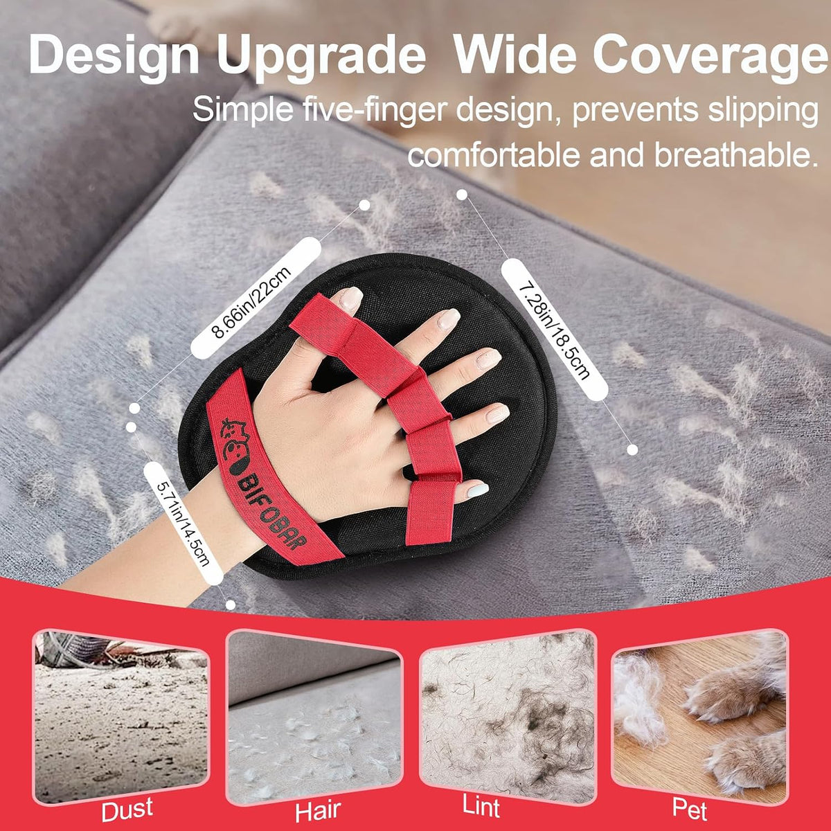 Five-finger electrostatic pet hair remover mitt removing fur from couch
