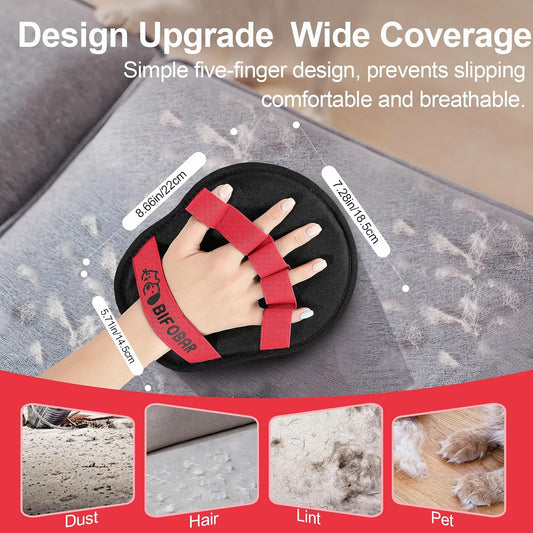 Five-finger electrostatic pet hair remover mitt removing fur from couch