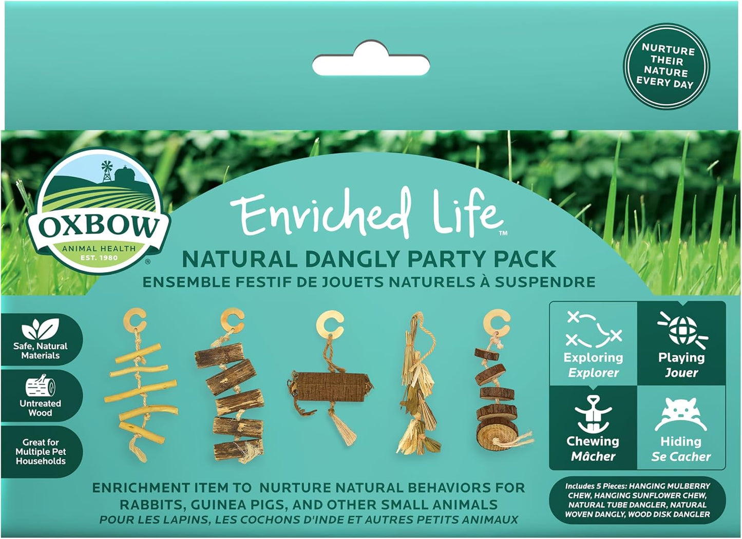 Oxbow Enriched Life Natural Dangly Party Pack front view showing five natural small animal chew toys.