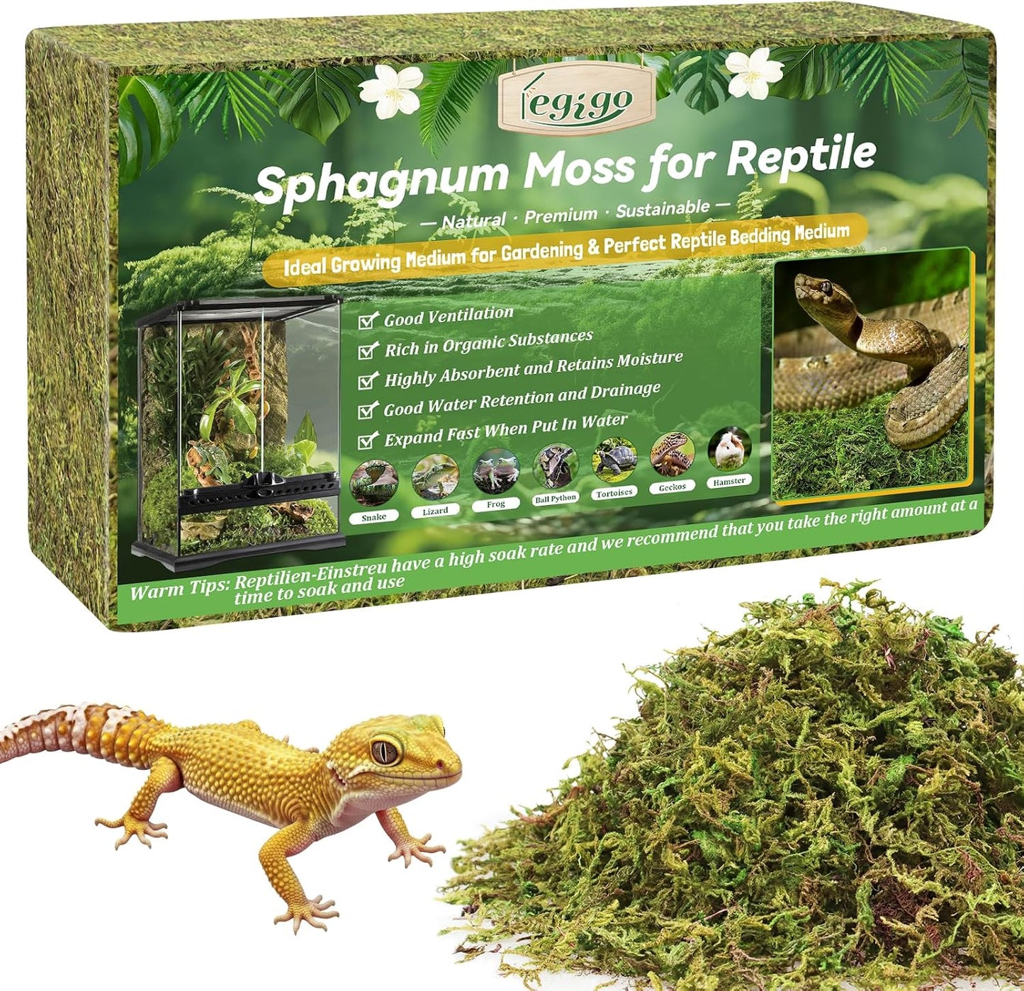 Legigo 2.6LB Sphagnum Moss for Reptile- 48QT Natural Reptile Moss Terrarium Moss Substrate, Snake Tank Moss Peat Moss Reptile Bedding for Snake, Gecko, Ball Python, Frog and Orchids Plants - Image 9