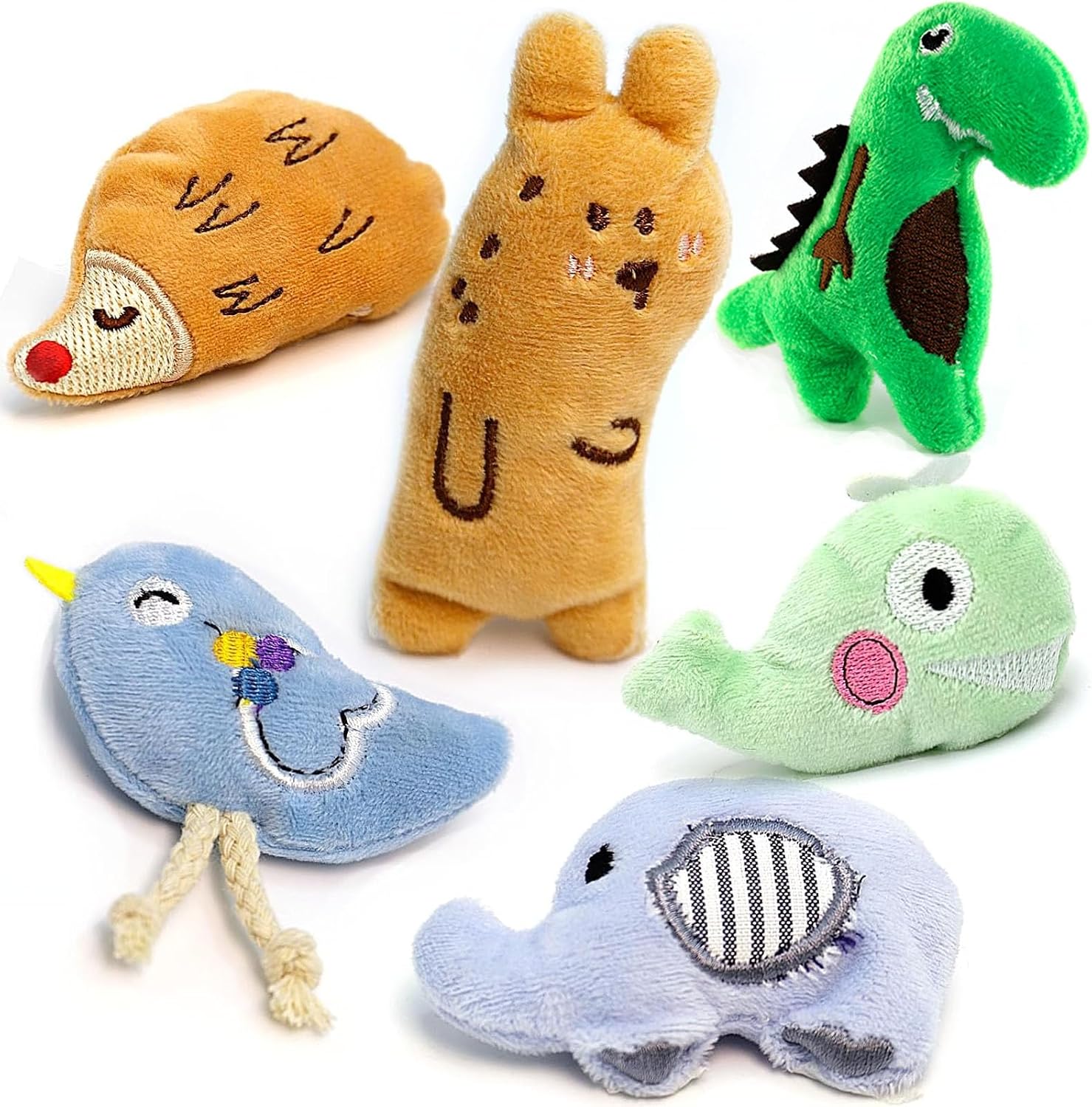 AZOFFYIU interactive catnip toys pack of 6 front view showcasing different animal shapes.