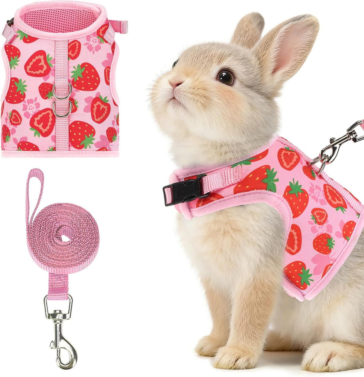 PUPTECK Bunny Rabbit Harness and Leash Set front view featuring pink mesh with strawberry pattern.