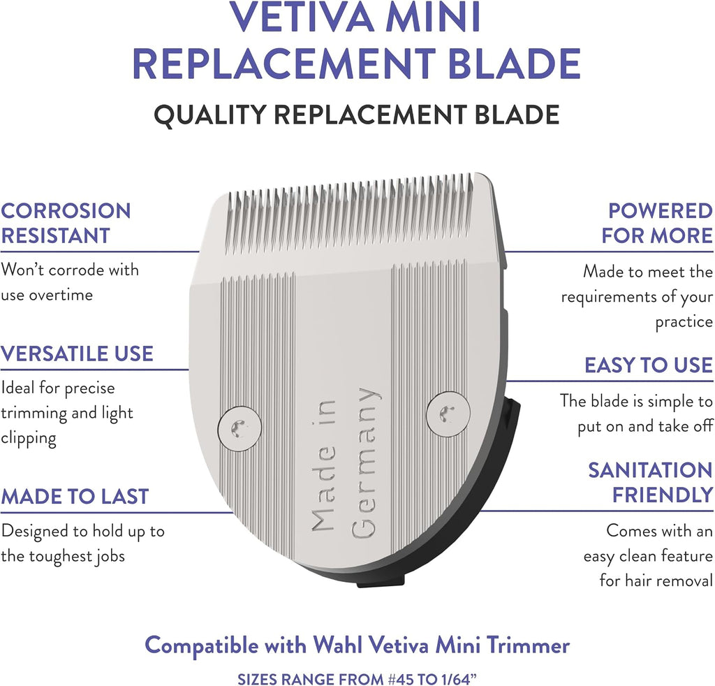 Wahl Vetiva Mini trimmer replacement blade model 02168 surgical number 45 cutting edge close up
