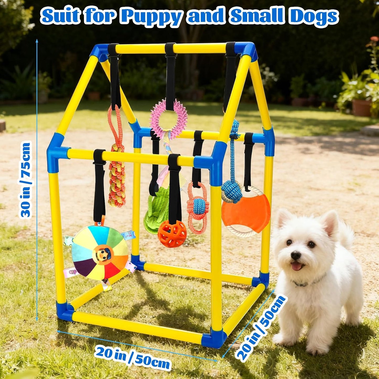 Close up of the adjustable velcro bungee straps holding a squeaky tire and rope knot toy on the PVC playground.