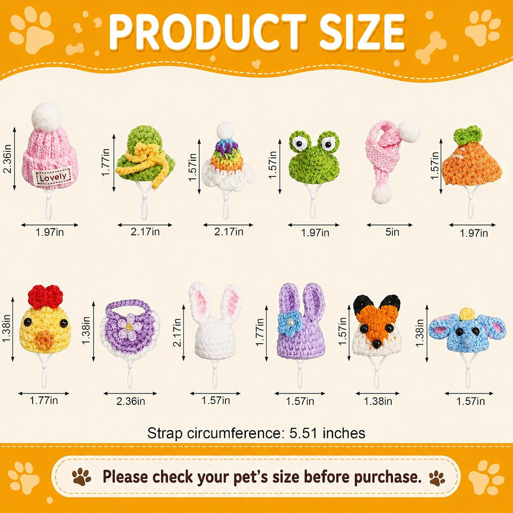 Hand knitted tiny hats for guinea pigs and snakes displaying various animal designs