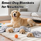 Three pieces of Stuffed grey pet blankets folded neatly demonstrating compact lightweight travel size.