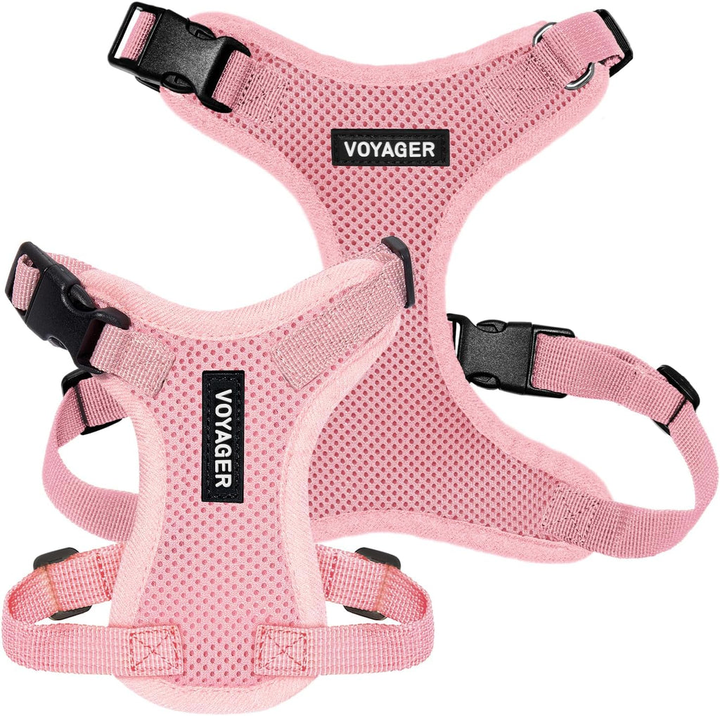 Adjustable neck and chest sliders displayed on the pink pet harness