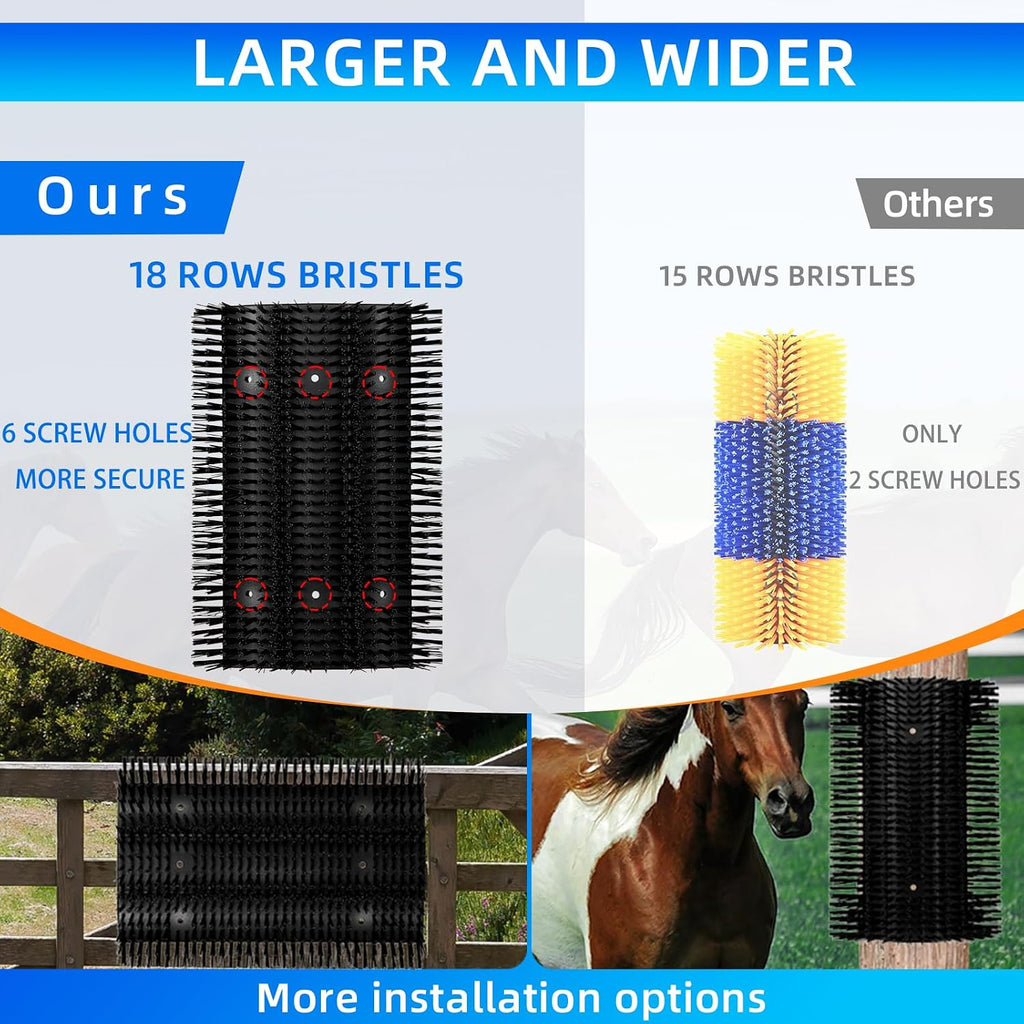 Extra large cow scratching brush bent around a curved fence post demonstrating flexible back plate
