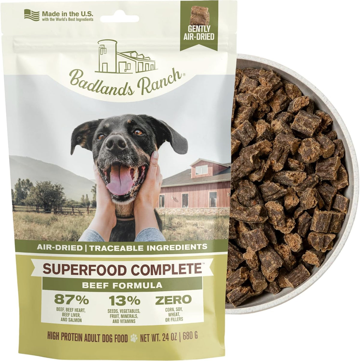 Badlands Ranch Superfood Complete Air Dried Beef Dog Food 24 Ounce front packaging view