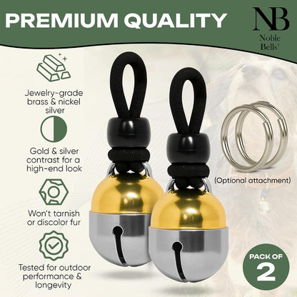 Noble Bells extra loud pet tracking bells showing the unique multifaceted clacker mechanism.