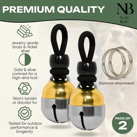 Noble Bells extra loud pet tracking bells showing the unique multifaceted clacker mechanism.