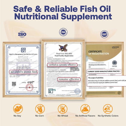 Heapets pet fish oil supplement demonstrating application on dog food bowl