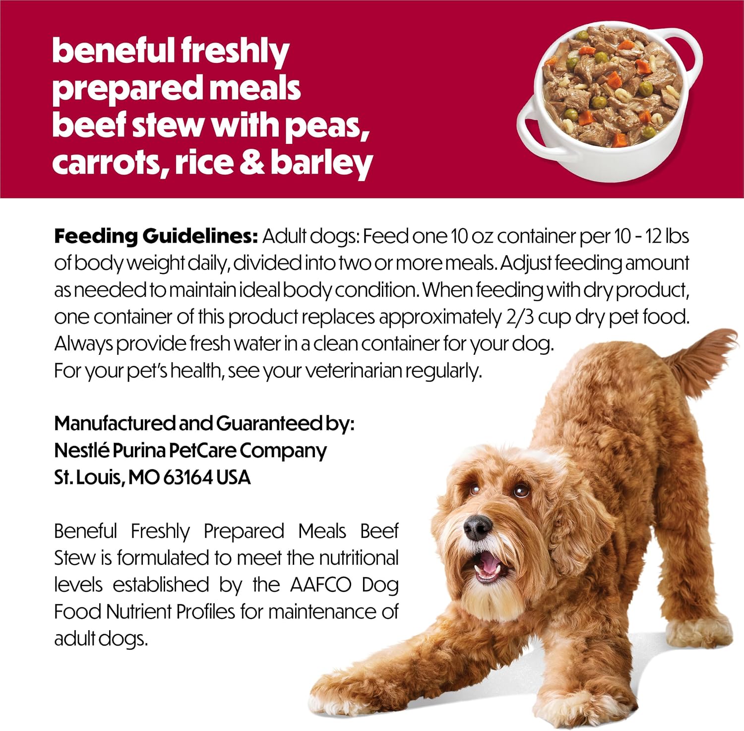 Authentic USA imported Purina Beneful adult dog food nutritional facts view.