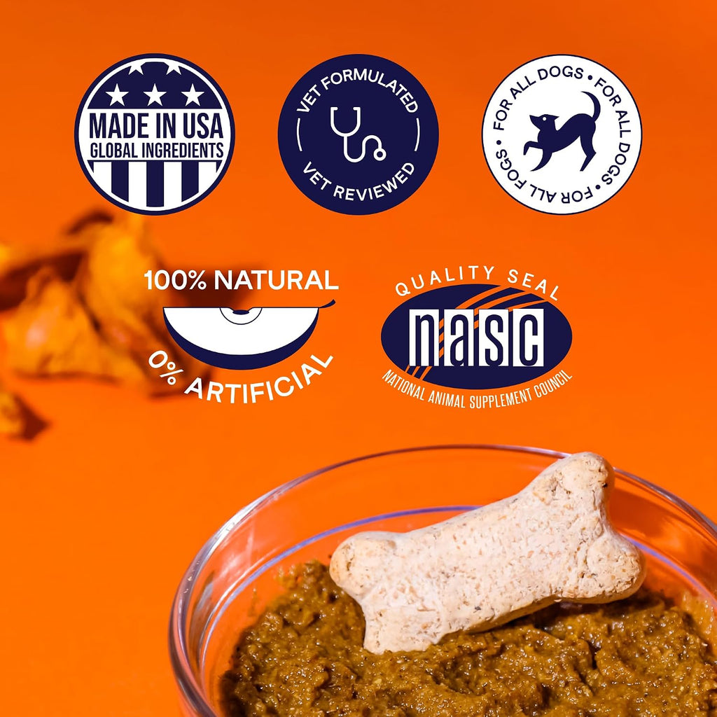 Dog eating food topped with Finn Pumpkin Plus fiber powder