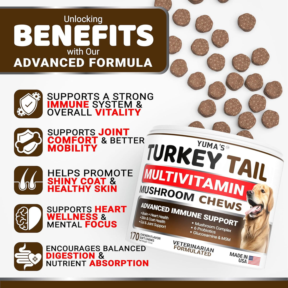 YUMA'S veterinarian formulated mushroom chews packaging side view showing benefits