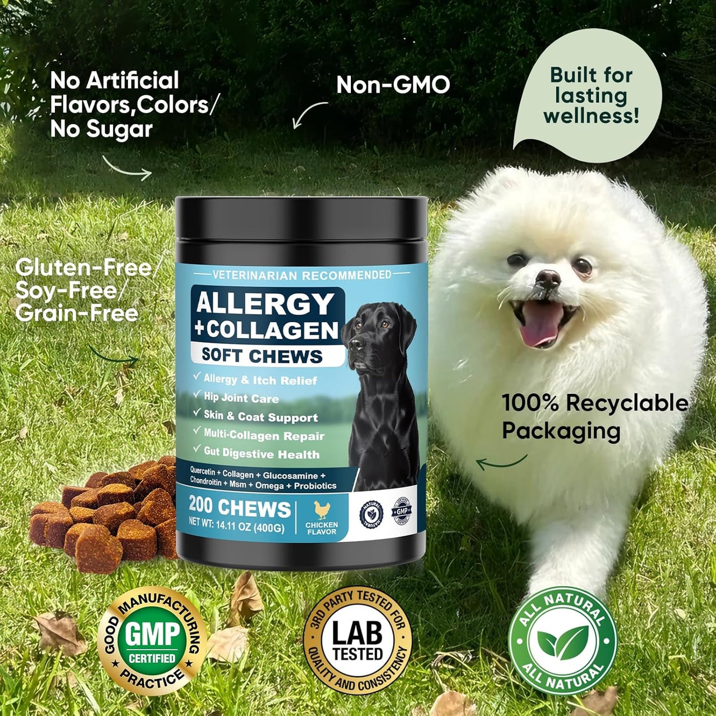 Premium imported dog anti itch treats for seasonal allergy and paw licking control.