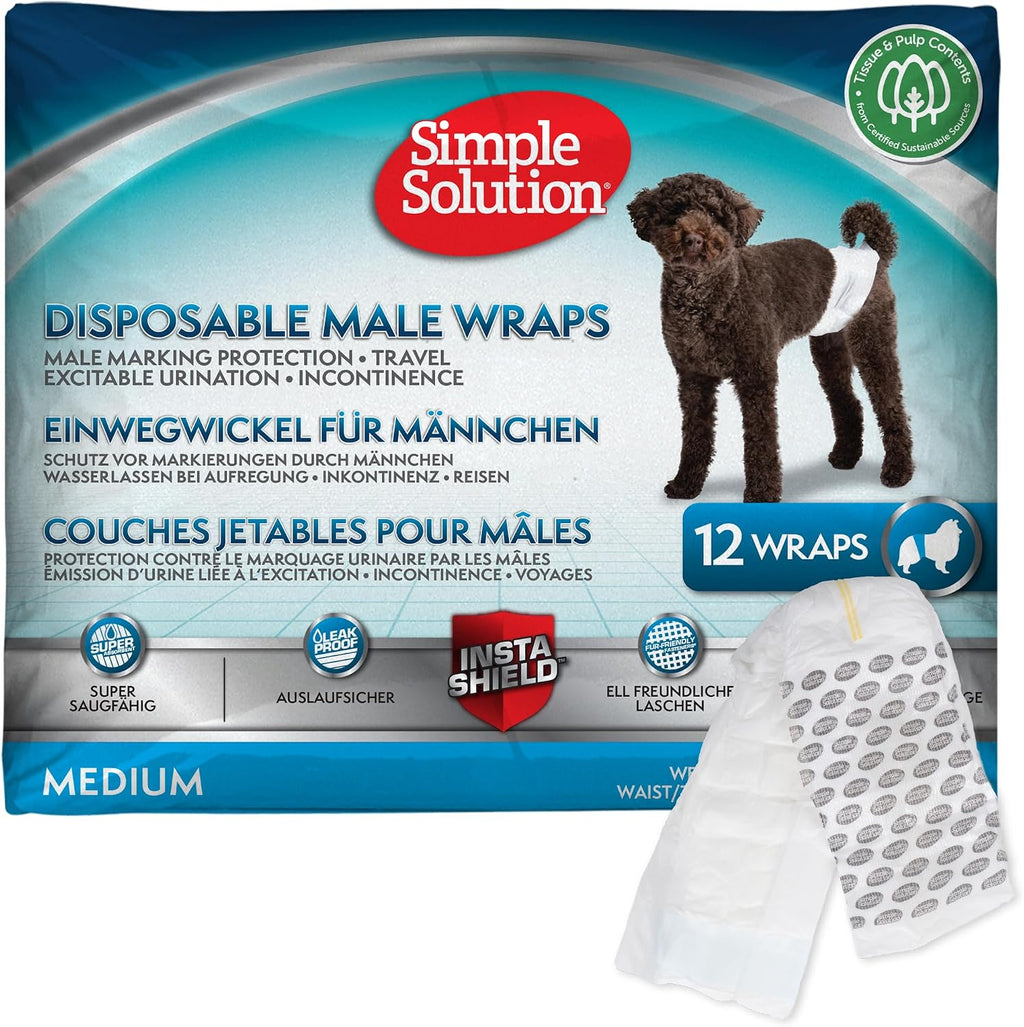Simple Solution male dog diaper belly band being adjusted on a medium sized dog.