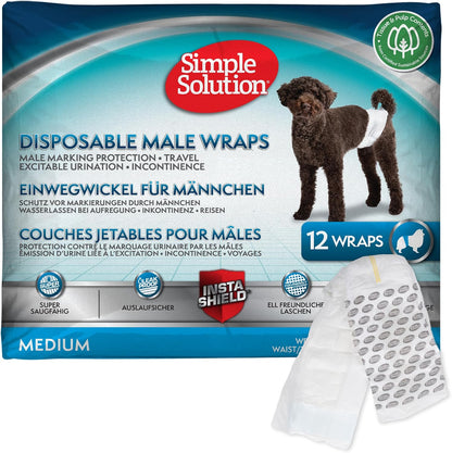Simple Solution male dog diaper belly band being adjusted on a medium sized dog.